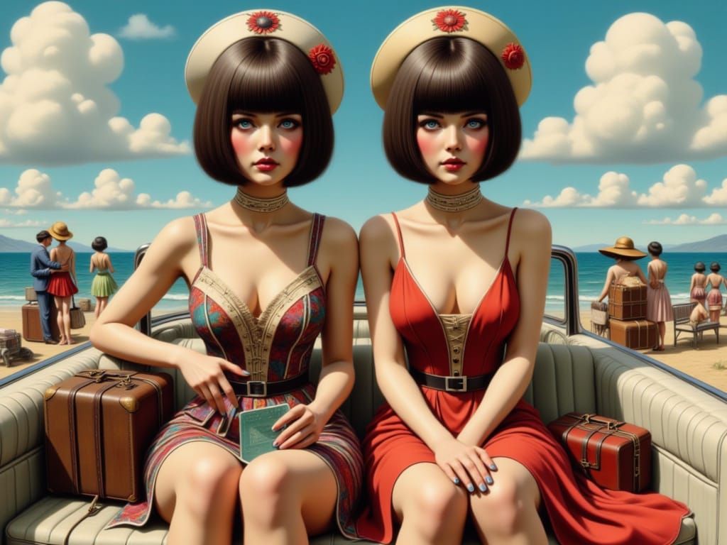 Stylish Women Drive Convertible to Seaside, Fantasy Art