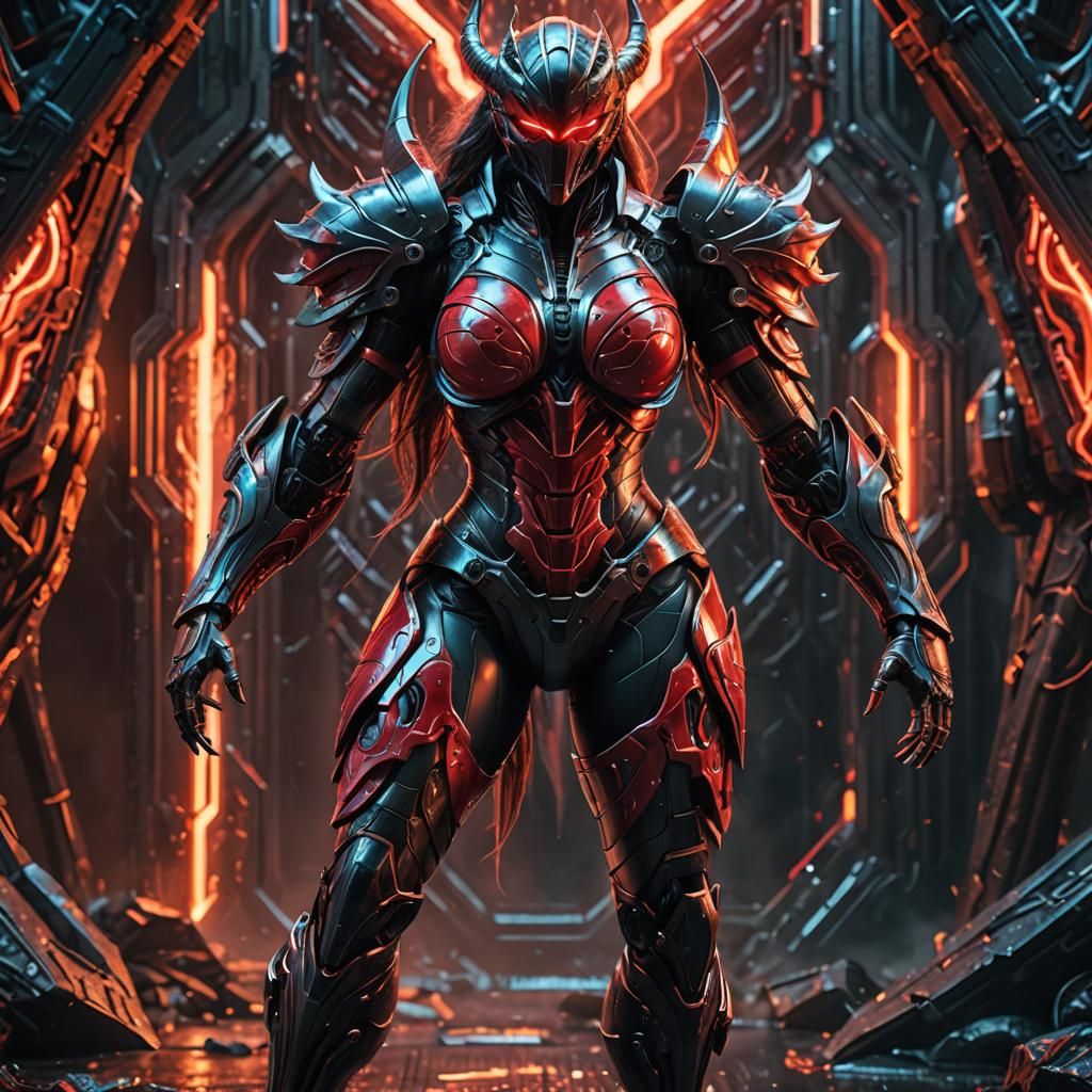 Armored Demon Woman in Dynamic Battle Scene