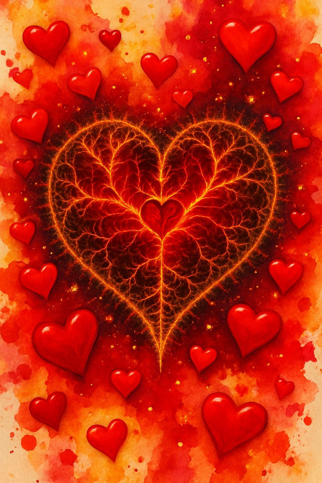 Majestic Fractal Heart with Red, Orange, and Gold Sparks
