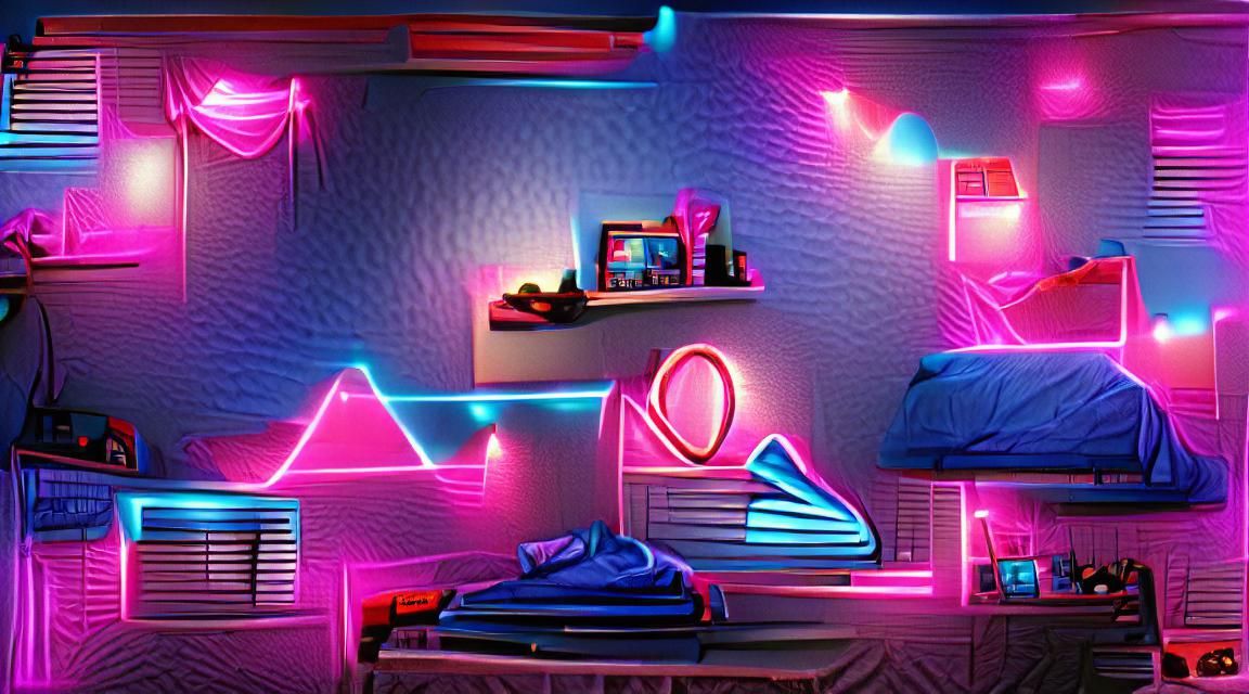 Retro 80's Bedroom in Synthwave Neon Style