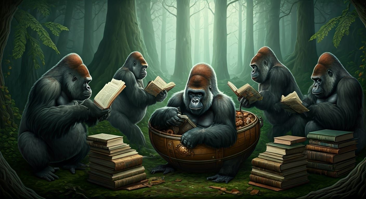 Rococo Gorillas Reading Philosophy in Misty Forest