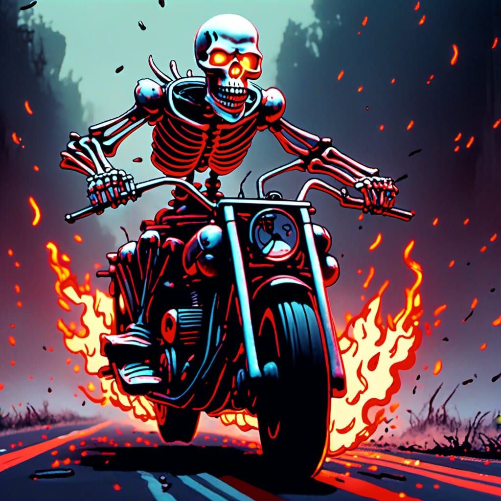 Cartoon Skeleton Rides Motorcycle in 3D Render
