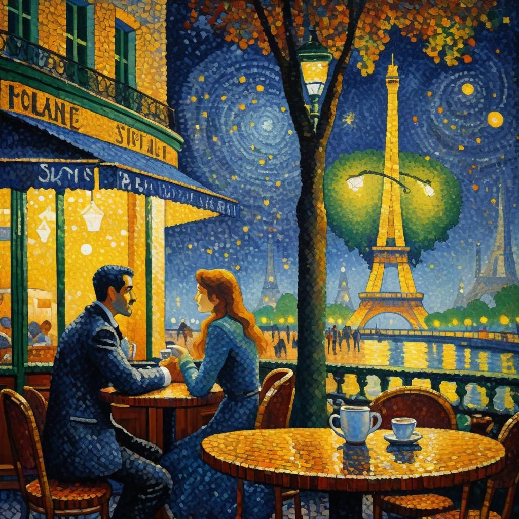 Paris Cafe at Night in Pointillism Style