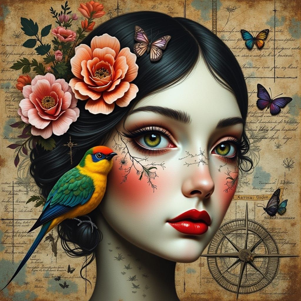 Woman with Flowers and Bird in Cubist Style