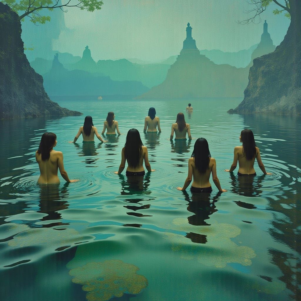 Swimmers in Lake, Art Nouveau Style