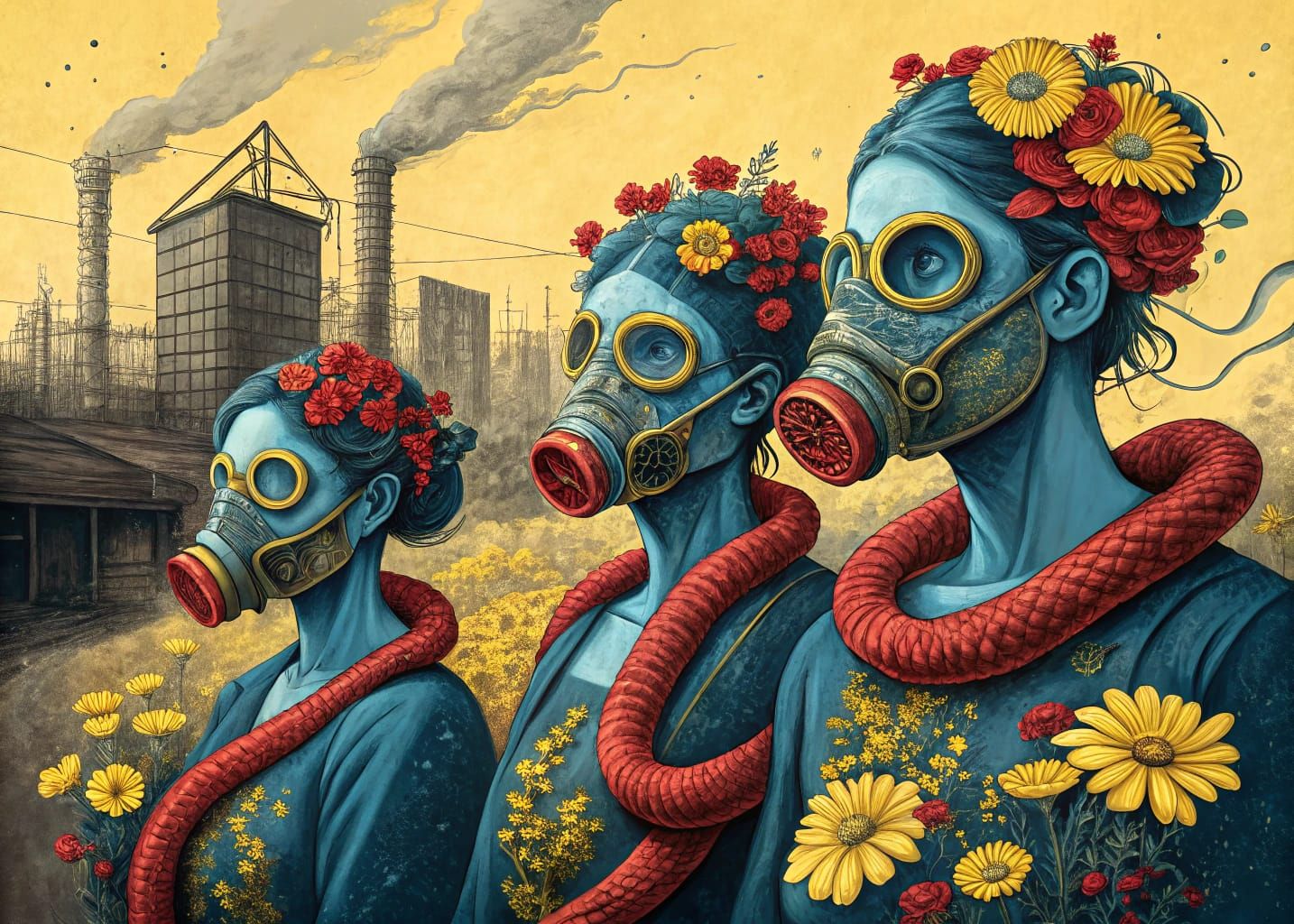 Cyberpunk Blue Goddesses Resist in a Dystopian wasteland