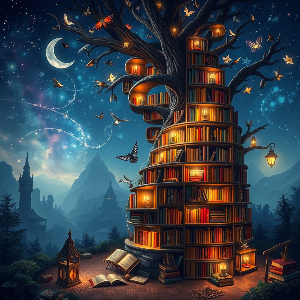 Magical Bookshelves in Dreamy World Tree of Knowledge