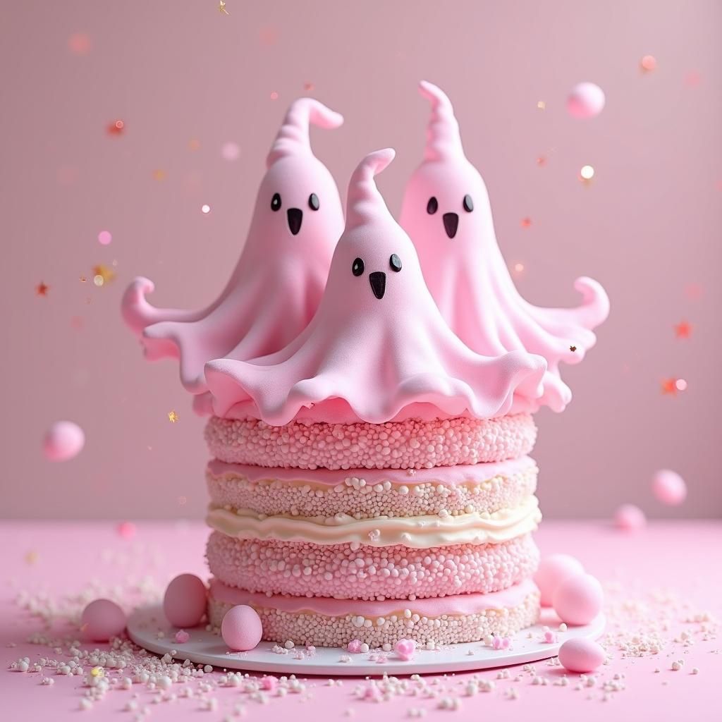 Pink Ghosts Adorned on Cake in Dreamlike Candyland