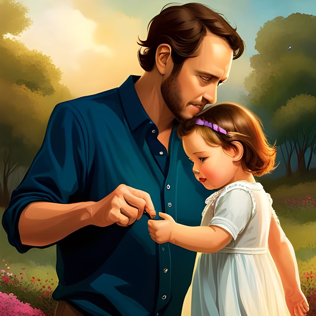 Father Teaches Baby Daughter to Walk: Hyperdetailed Art