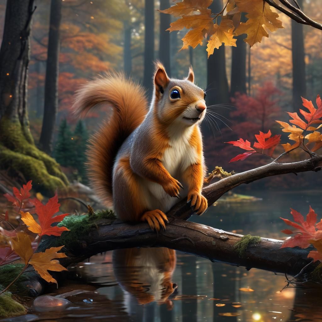 Smiling Squirrel in Sparkly Autumn Forest, Pixar Style