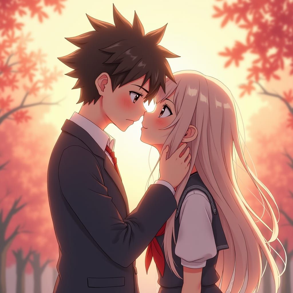 Anime Boy Kissing Girl in Japanese Garden