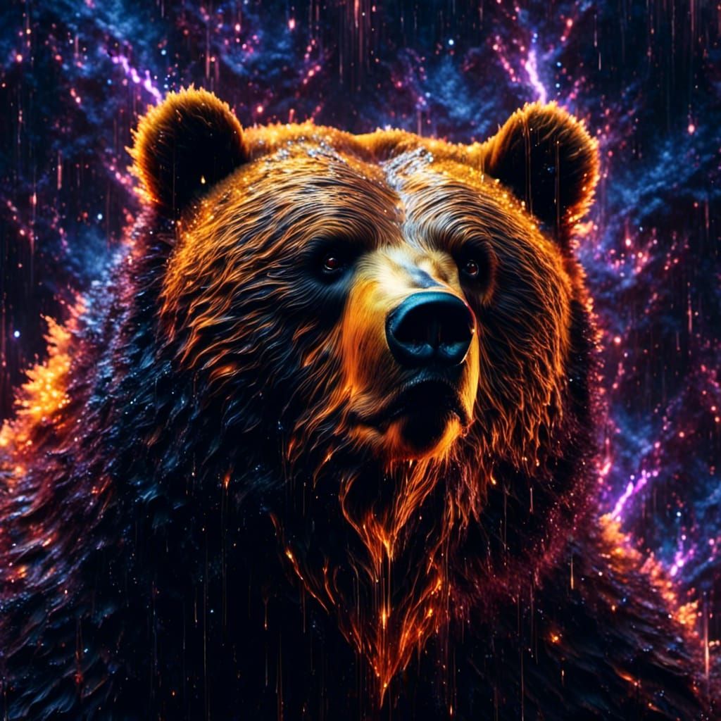 Neon Lit Bear Portrait in Dark Forest