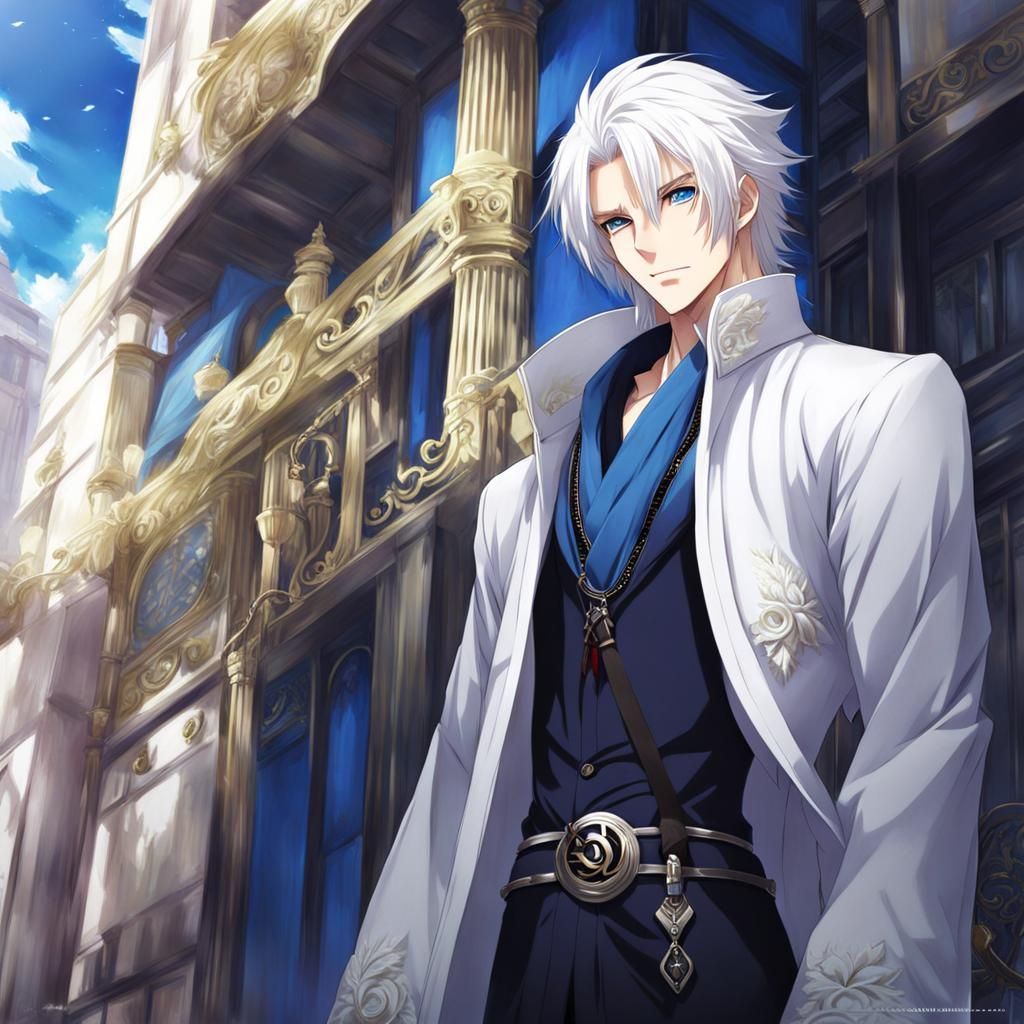 Handsome Anime Man with White Hair and Blue Eyes