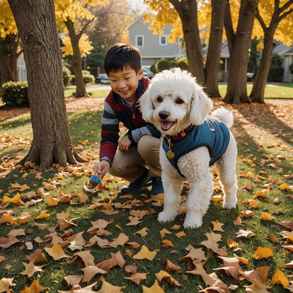 Boy and Dog Play in Autumn Sunlight: Cinematic Still