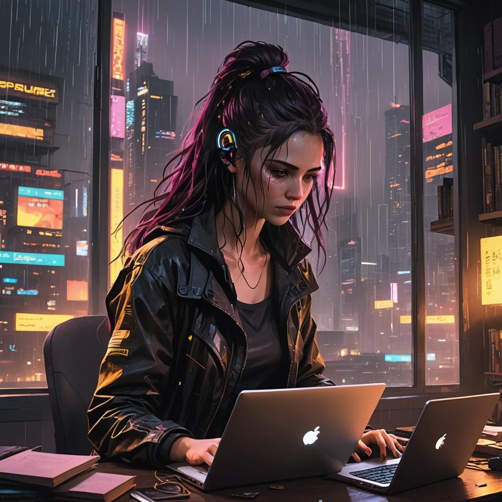 Cyberpunk Coder Girl in Rainy Room
