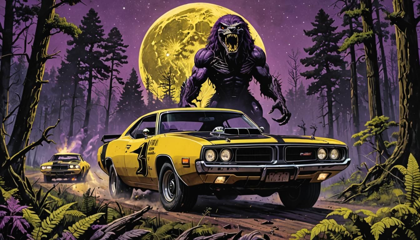 A 1973 yellow Dodge Charger Horror Movie style poster