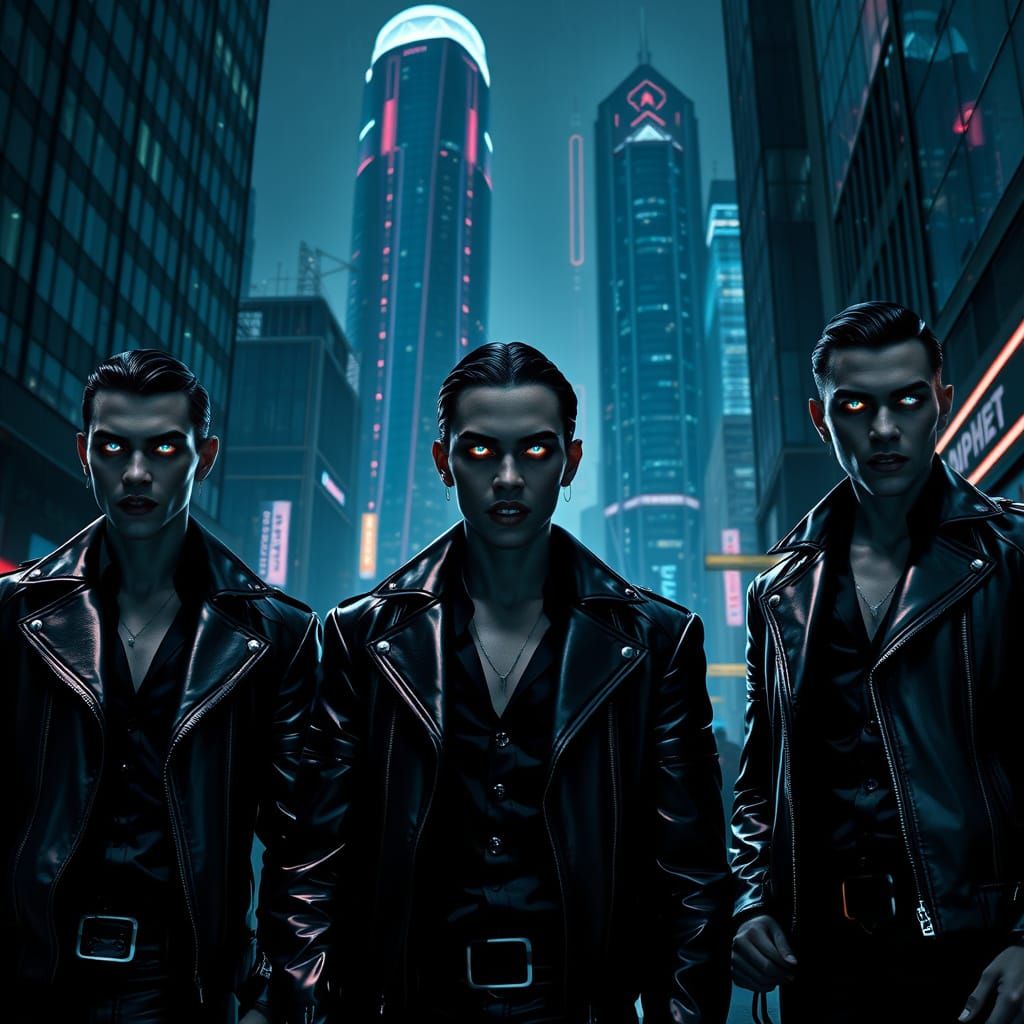 Ethereal Cityscape in Neon Lights with Modern Vampires