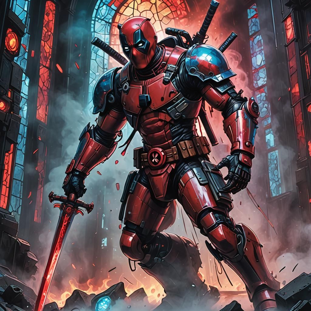 Cyberpunk Deadpool Robot Wielding Crucible Sword