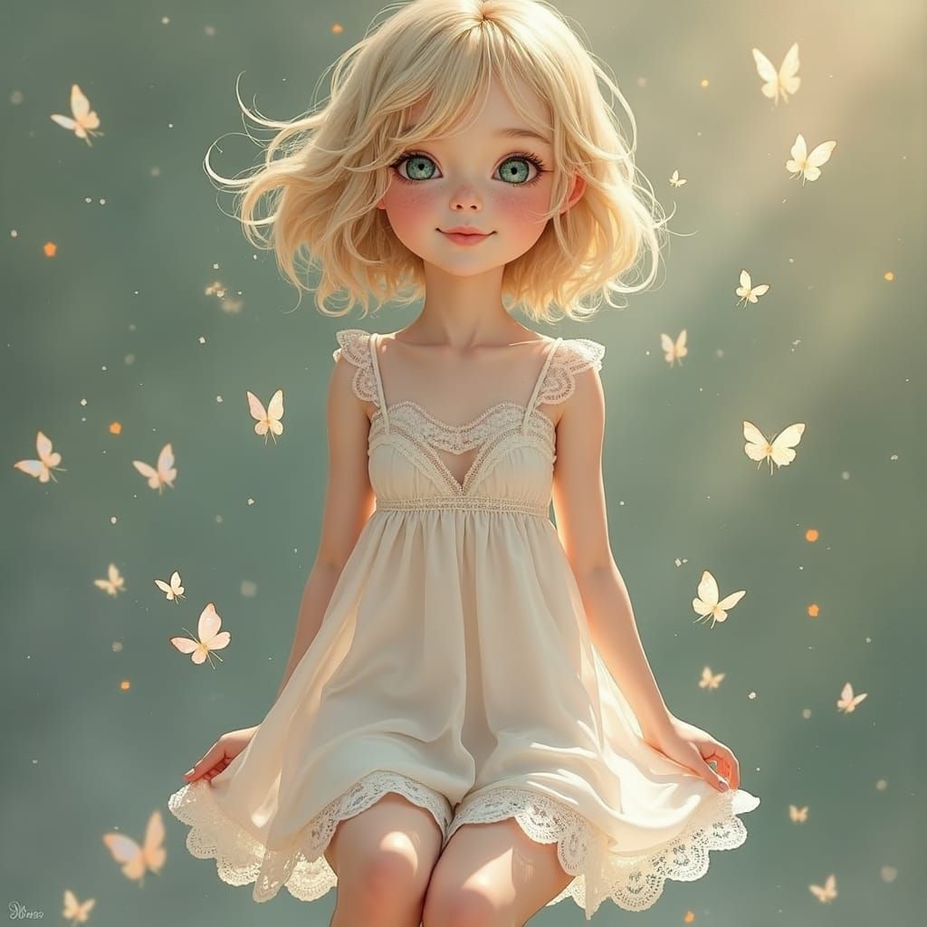 Youthful Girl in Diaphanous Gown with Butterflies