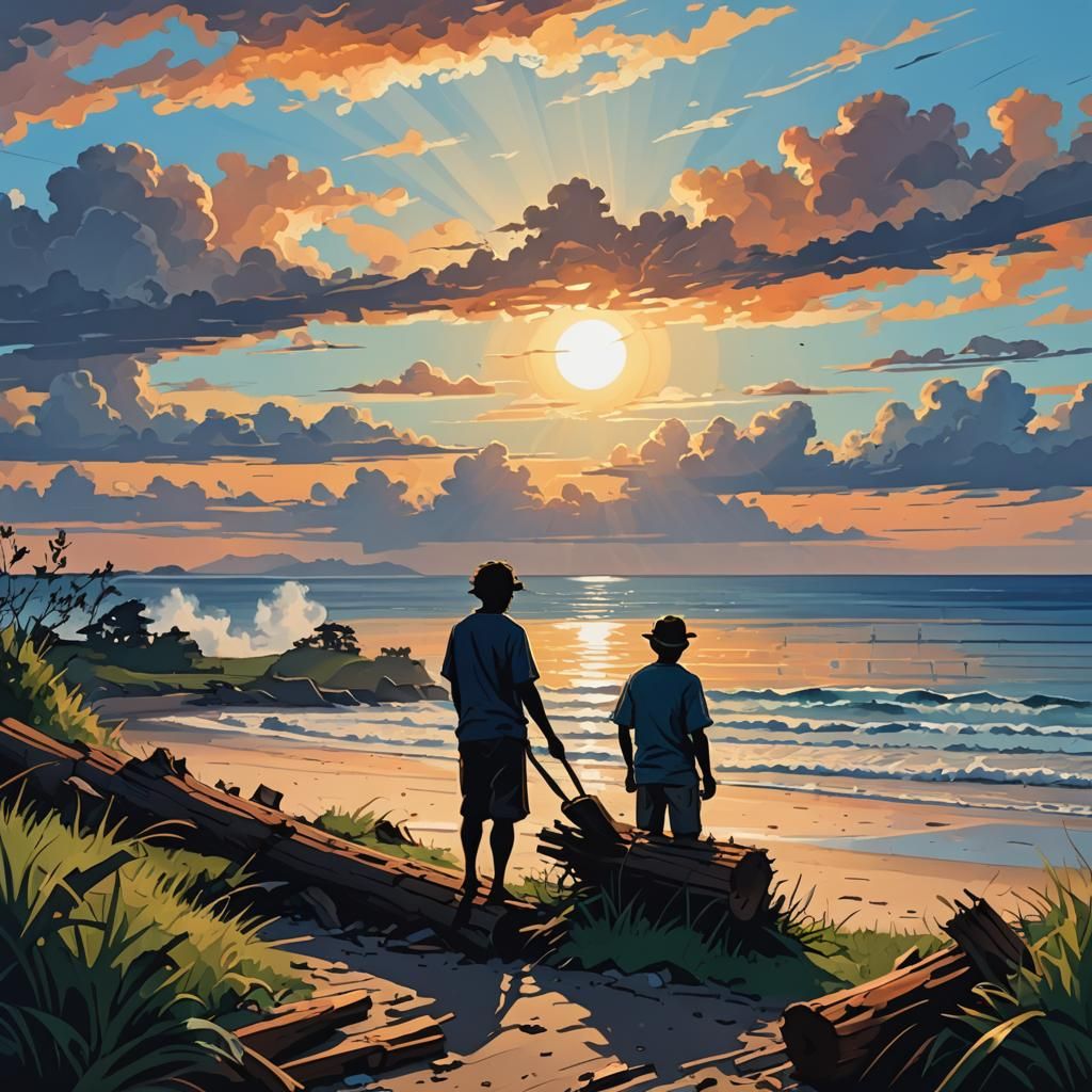 Colorful Beach Clean-Up Silhouette in Pop Art Style