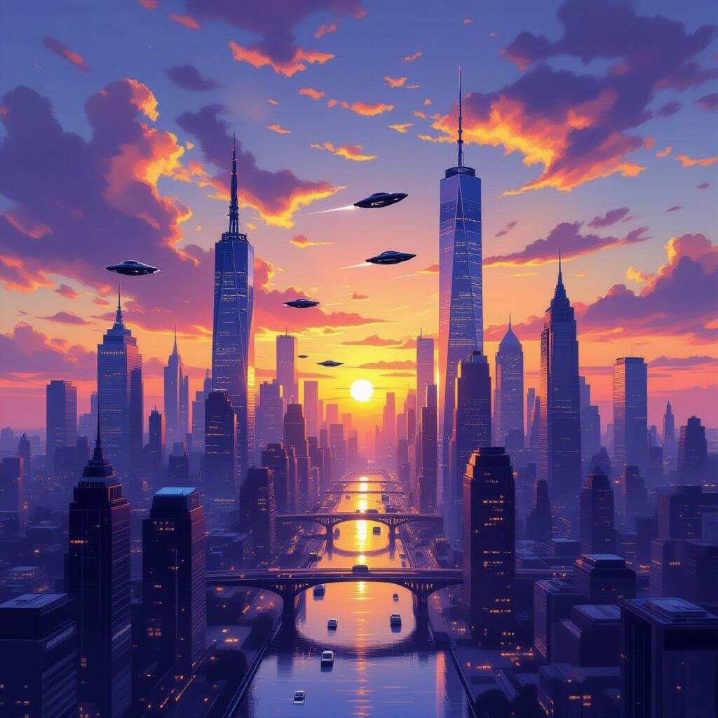 Futuristic City Sunset: Oil Painting in Rembrandt Style