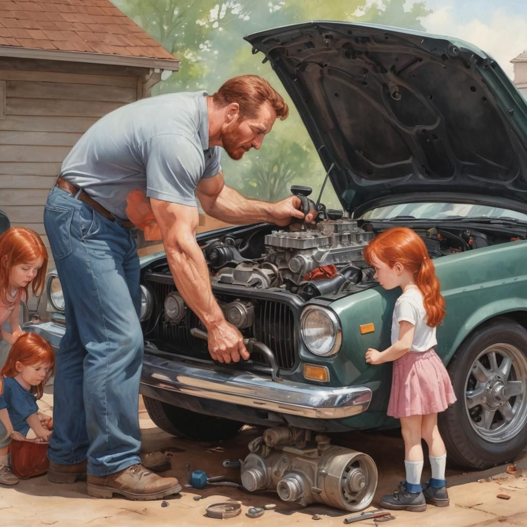 Father and Daughter Repairing Car Engine