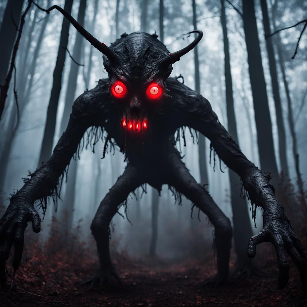 Sinister Lovecraftian Fiend in Foggy Forest