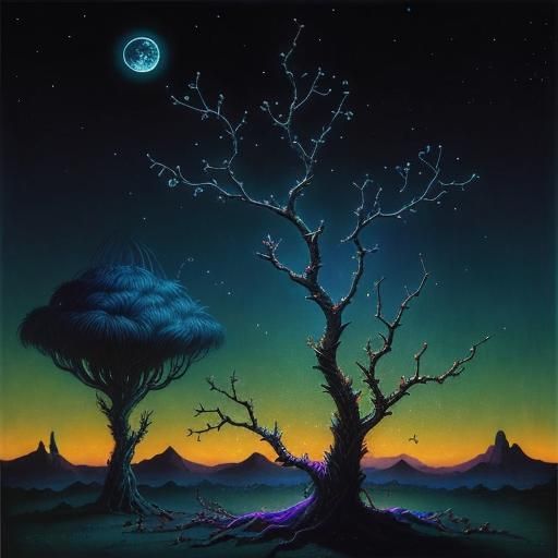 Magical Realism Night Bird in Andromeda Garden