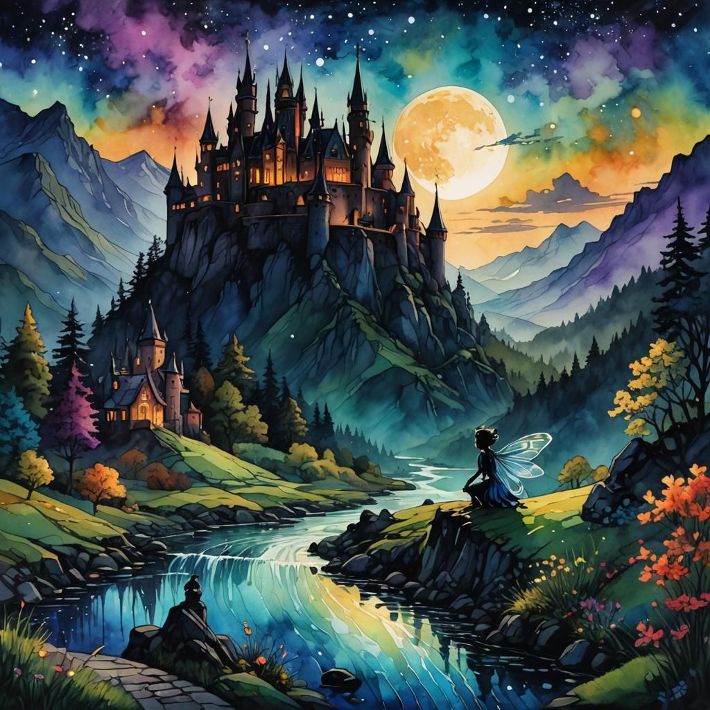 Fairy Silhouette at Fairytale Castle, Dark Fantasy Art