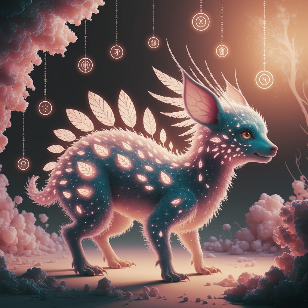 Ethereal Zoomorphic Creature in Luminous Mystoglyphic Scene