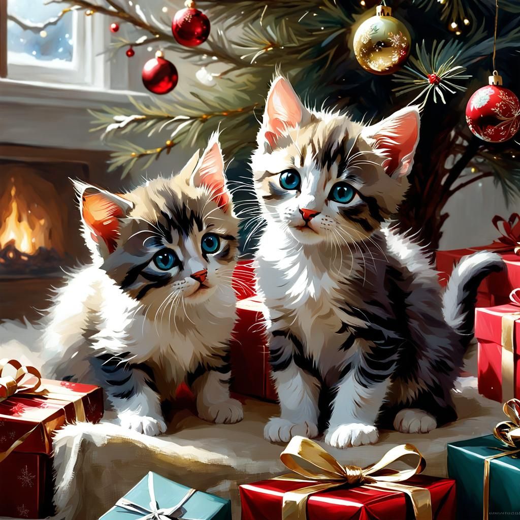 Kittens Play Under Christmas Tree: Matte Painting