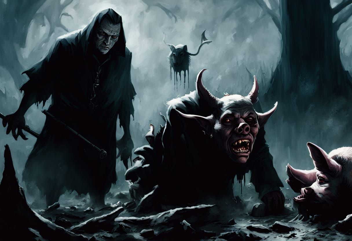 Dark Fantasy: Satan and Priest Over Fallen Pigs