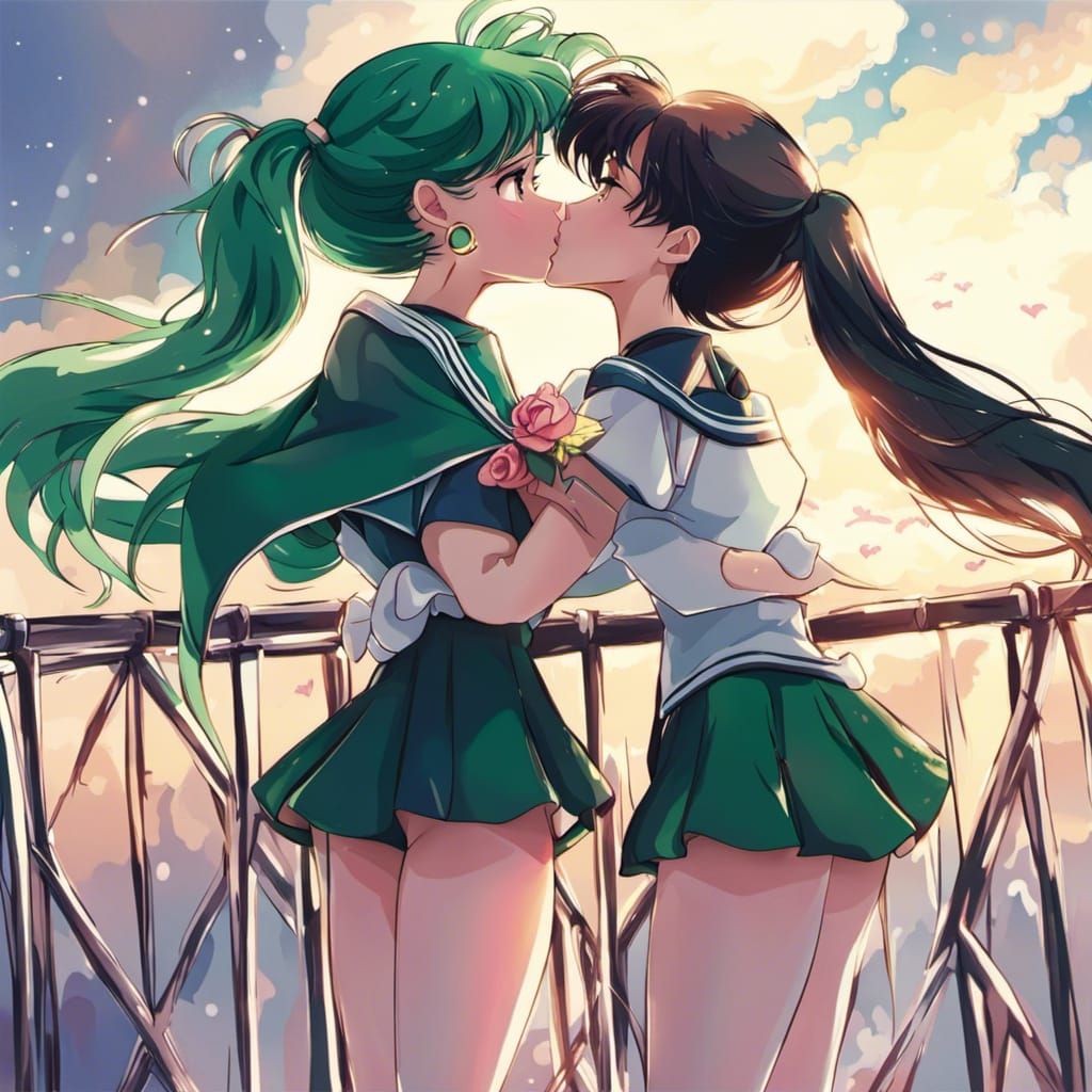 Sailor Neptune and Sailor Pluto Kissing: Anime Style