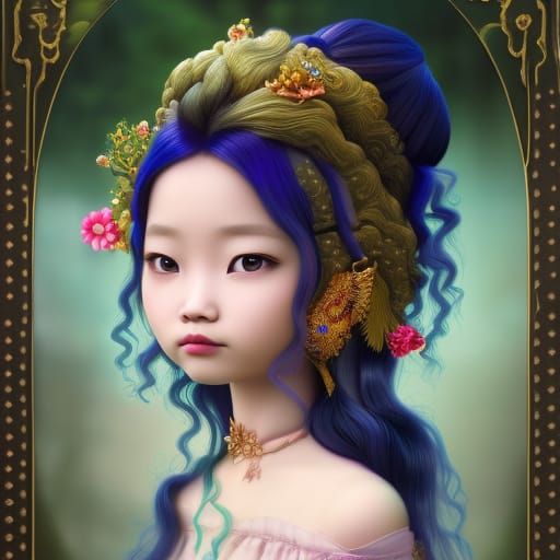 Elegant Hmong Girl with Blue Hair, Fantasy Art