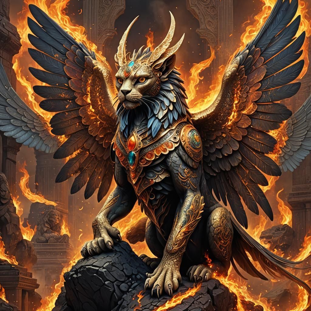 Winged Sphinx with Burning Wings in Digital Art