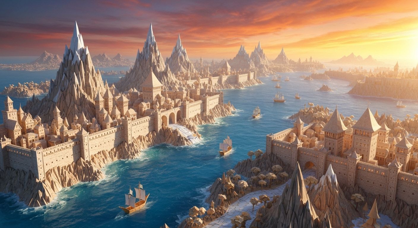 Origami Fantasy World: Paper Cities and Rivers in HDR