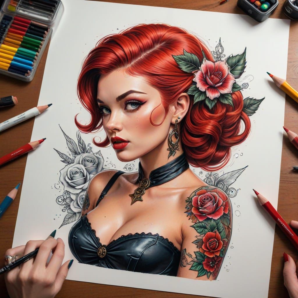 Masculine Hand Drawing Vintage Pinup Girl Tattoo Design
