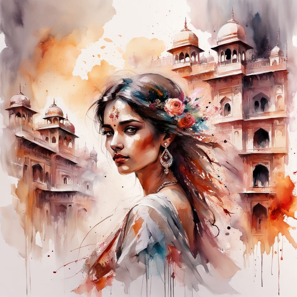 Majestic Jaipur Cityscape at Sunset in Ethereal Watercolour