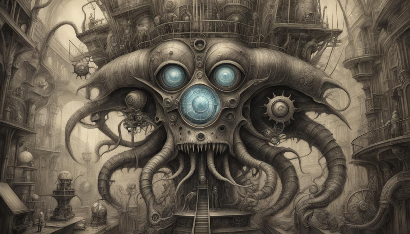 Steampunk Monster in Bogomil Surrealism Style