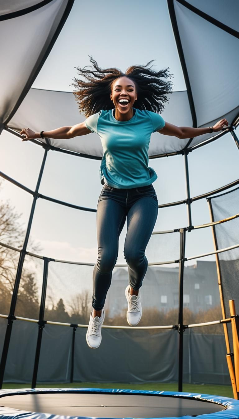 Woman Jumps on Trampoline in Hyperrealistic Photo