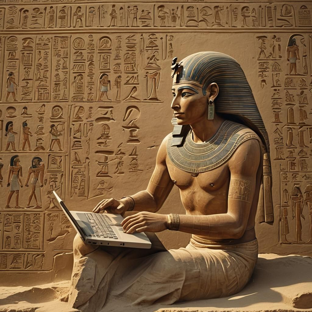Egyptian Scribe Writes Hieroglyphs on Laptop: Photorealistic