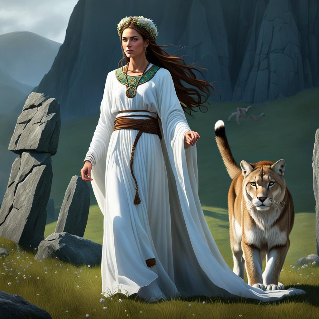 Druidess with Mountain Lion in Dark Fantasy Style
