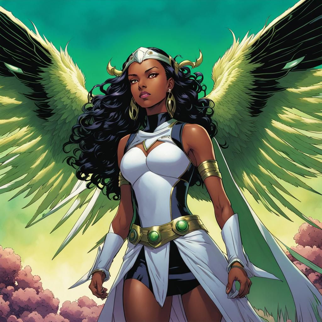 Black Woman and Digimon in Fantasy Landscape