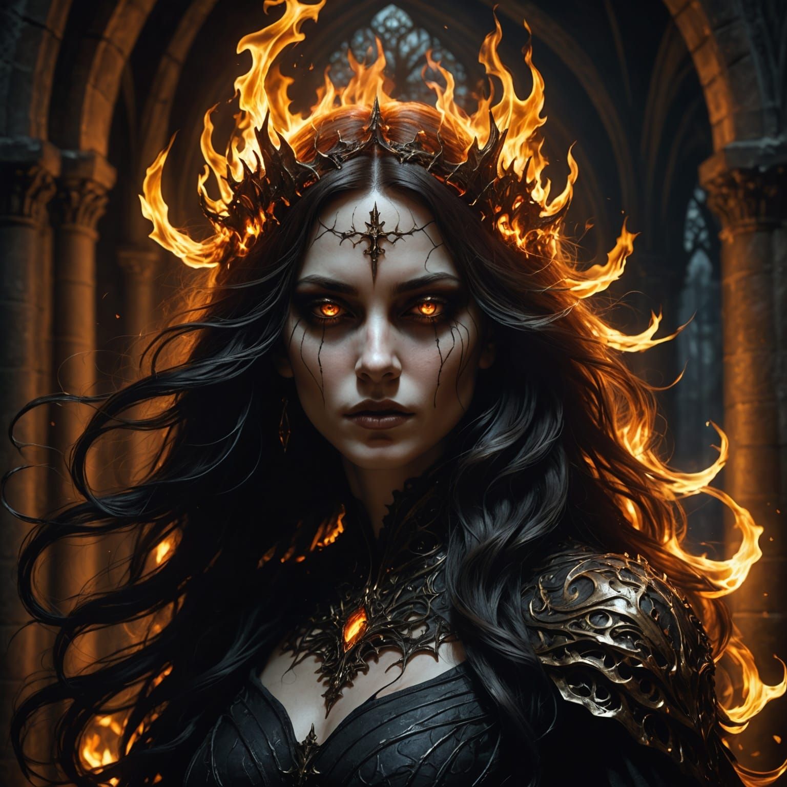 Flame Spirit in Gothic Cathedral: Digital Art