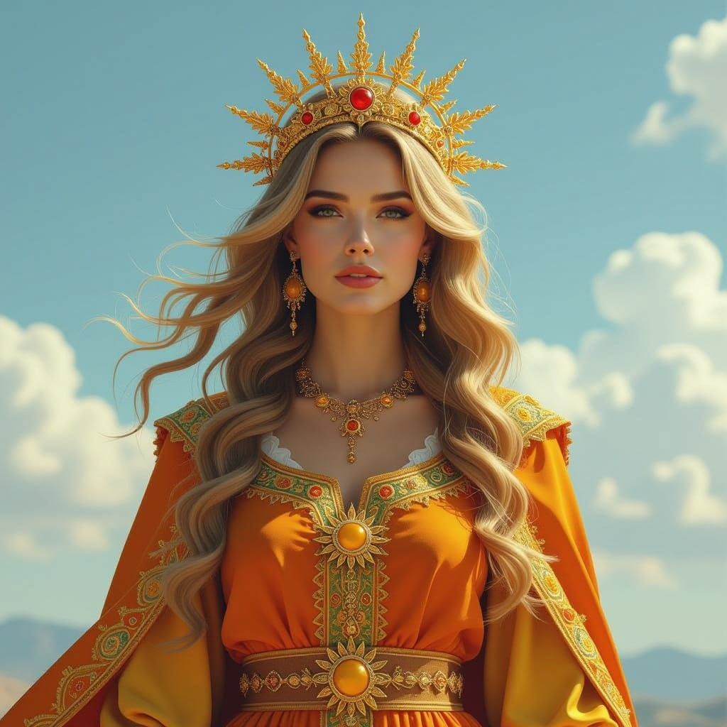 Medieval Woman with Sunburst Crown in Sky