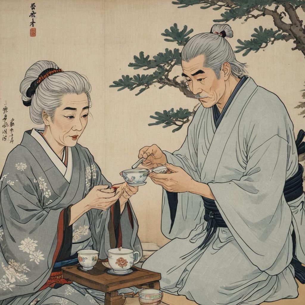 Ukiyo-e Tea Ceremony with Samurai and Geisha