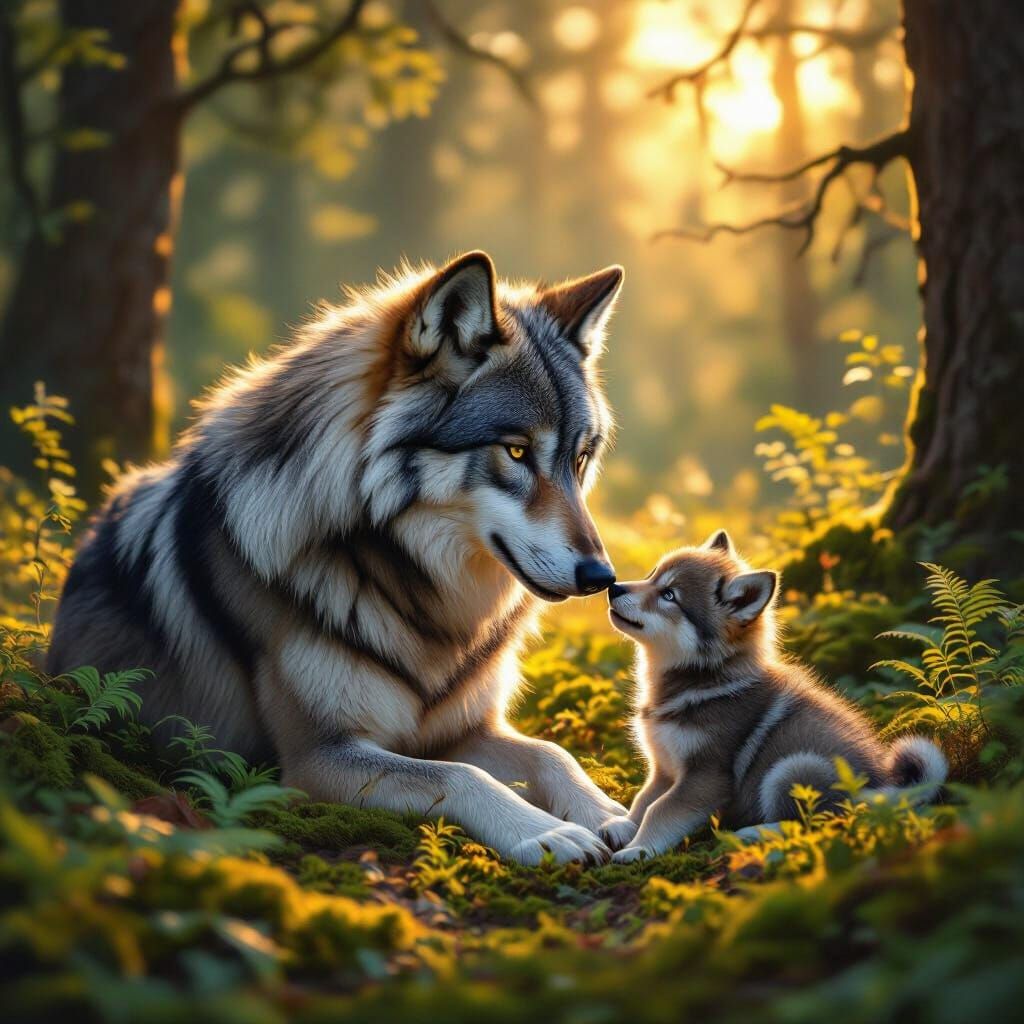 Majestic Wolves Play in Sunlit Forest Clearing