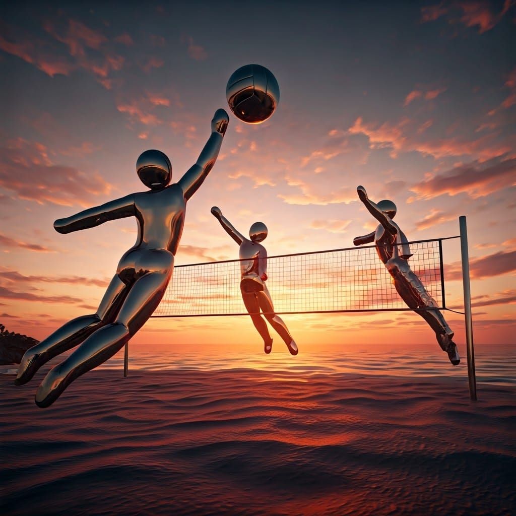 Surreal Beach Volleyball Scene in Mirror-Finish Balloon Styl...