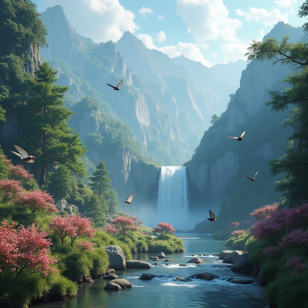 Hyperrealistic Mountain Fantasy with Flying Blooms and Songb...