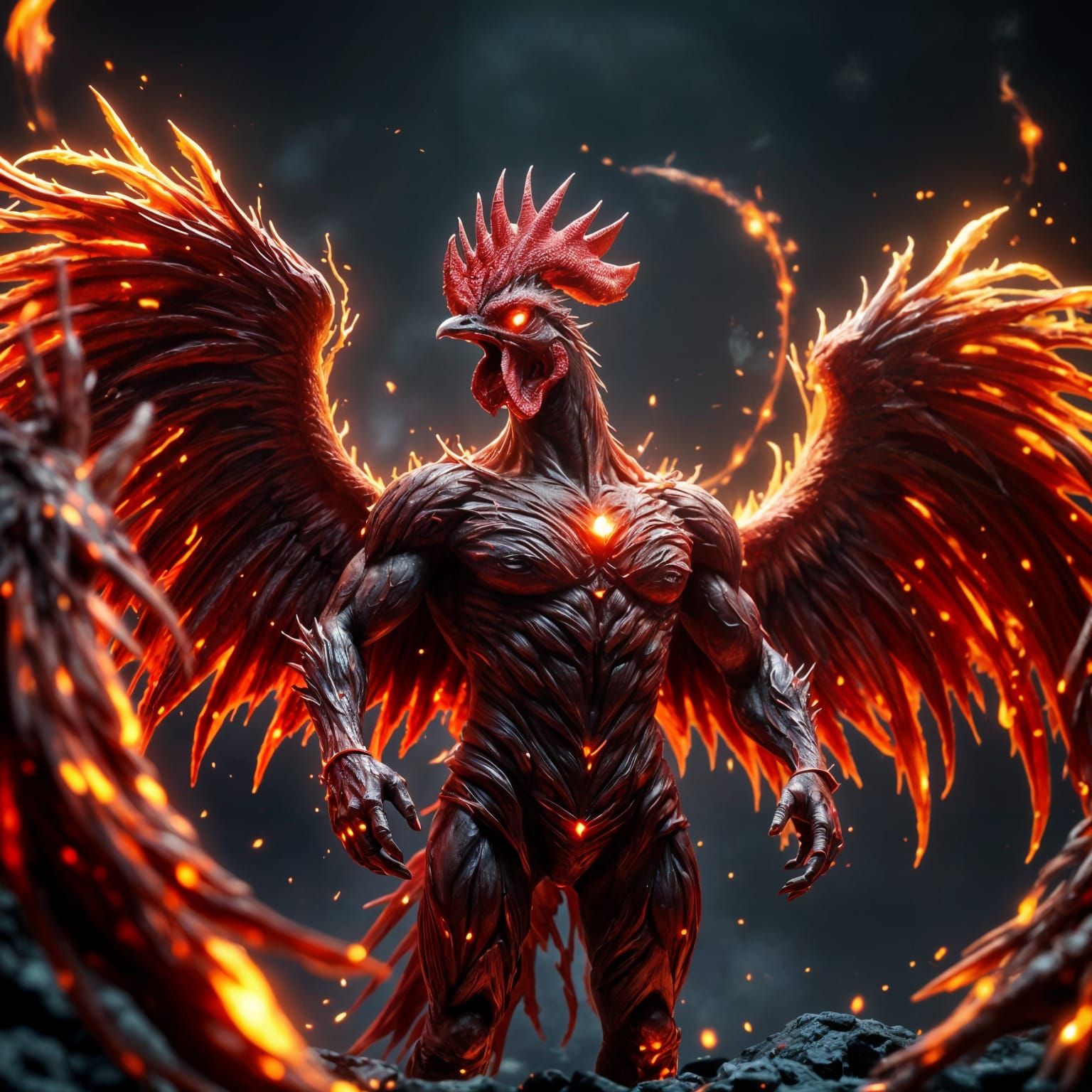 Hyper-Realistic Rooster with Dragon Wings and Glowing Red Ey...